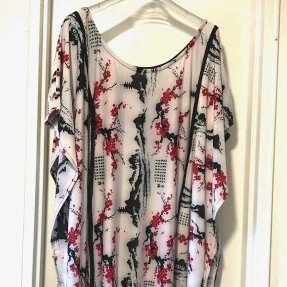 Sakura Cherry Blossom Landscape Print Maxi Caftan Japanese Asian White PinkBlack - Picture 2 of 6